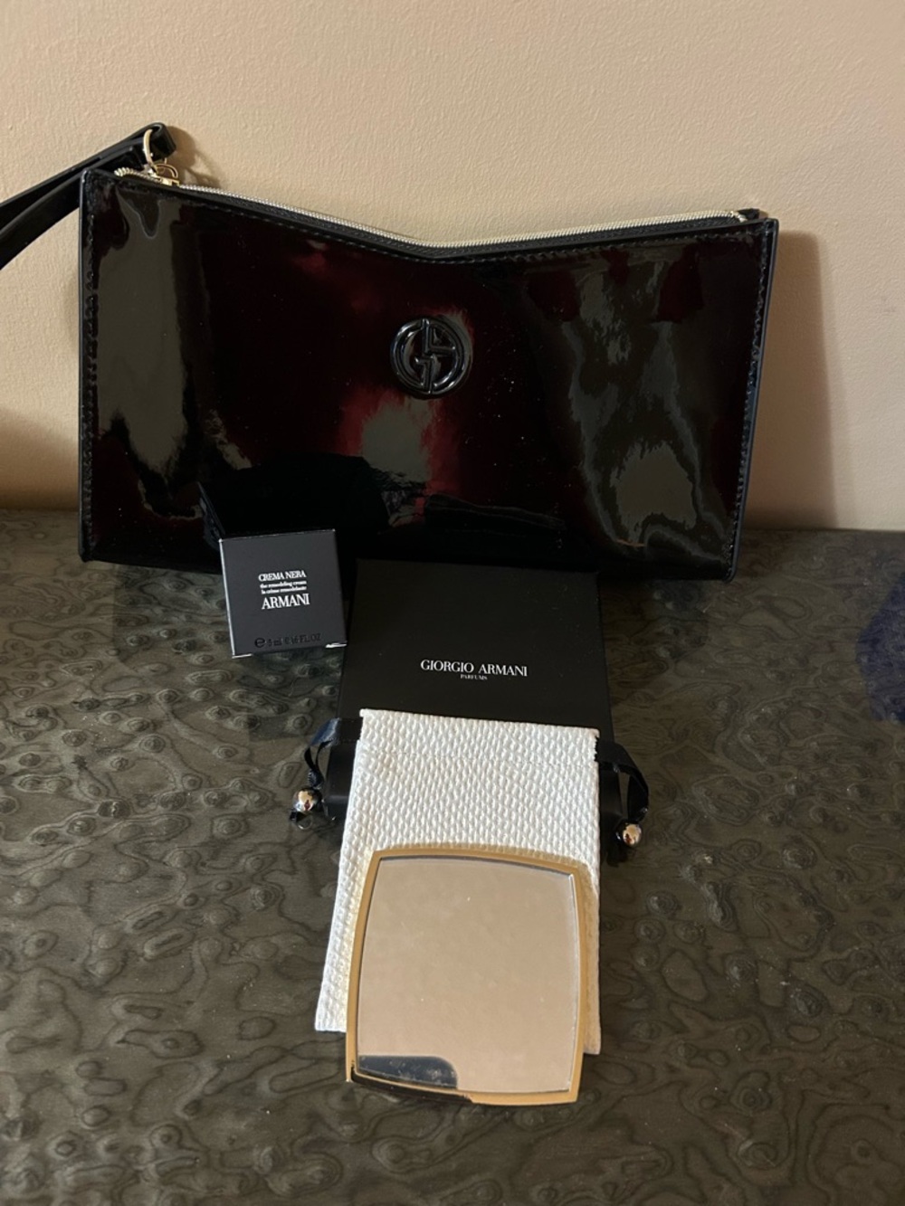 Giorgio Armani Black Patent Wristlet Clutch with Logo Accent